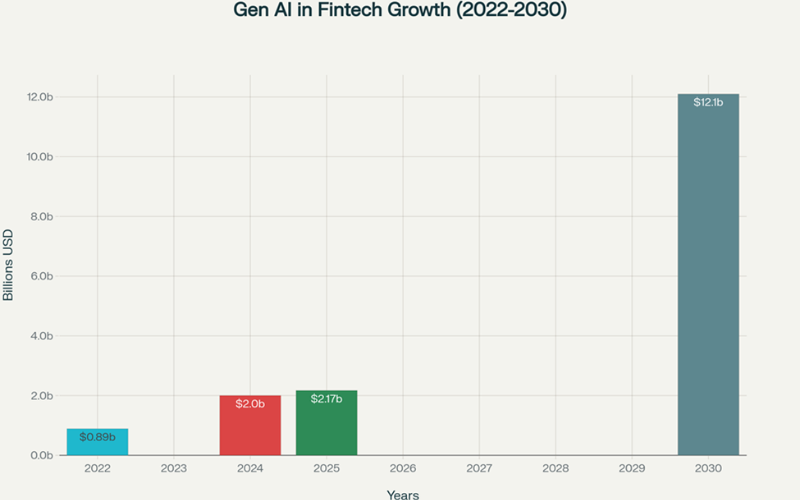 Market growth projection for generative AI in fintech showing exponential growth from 2022 to 2030